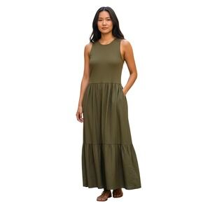 PLST Womens Mixed Media Tiered Maxi Dress Olive Green‎ Ribbed Knit Sleeveless M